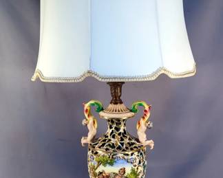 Capodimonte Styled Painted Porcelain Table Lamp With Metal Base 41.5", Powers On