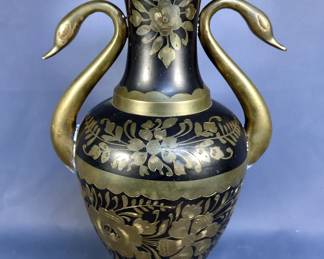 Brass Amphora Hand Painted With Swan Head Handles, 16" Tall