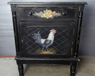 Hand Crafted Wood Single Drawer End Table With Lower Cabinet, Rooster Motif, 29" x 23.5" x 17.5"