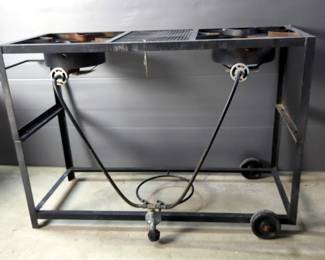Rolling Metal Framed Two Burner Propane Stove, 30" x 47" x 16.5"