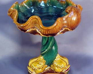 Pottery Compote With Serpent Theme, Believed To Be Majolica, 12.5" x 9.75"