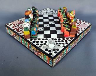 Hand Carved And Painted Portable Wood Chess Set
