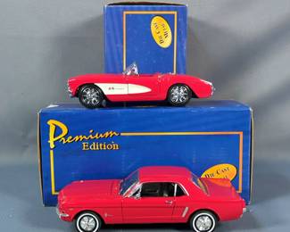 Welly Die Cast Premium Edition 1964 1/2 Ford Mustang, 1/24 Scale And 1967 Chevrolet Corvette, 1/24 Scale, Both With Original Boxes 
