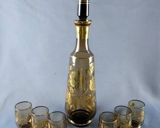 Bohemia Glass Decanter With Stopper, 16" And 6 Matching Glasses, 3"