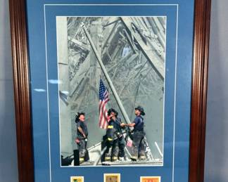 Heroes USA September 11, 2001 Raising The Flag At Ground Zero Picture With Commemorative Stamps, Framed Matted Under Glass, 22.5" x 17.5"