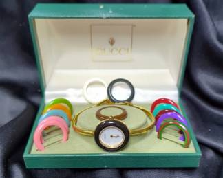 Gucci Swiss Made Women's Wristwatch With 14 Interchangeable Bezels, Marked 11/12, 0522210, In Original Box
