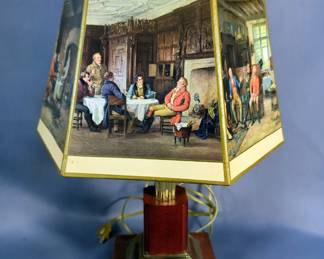 Brass Toned Swing Arm Table Lamp With Colonial Motif On Shade, 20" Tall Powers On And Americana Style Votive Holder, 9"