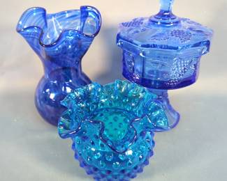 Fenton Pressed Glass, 4" Vase With Ruffled Edge, Lidded Compote, 7.5" Tall And Hand Blown Vase, 7"