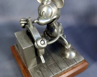 Disney Hallmark Bronze "Partners", 8.5" Tall, And Hallmark Pewter Steamboat Willy Sculpture, 6.5" Tall