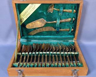 Thai Gems Factory Brass Toned Flat Ware Set Including Forks, Spoons And Serving Ware, Total Qty 19, Contents Of Lined Wood Case