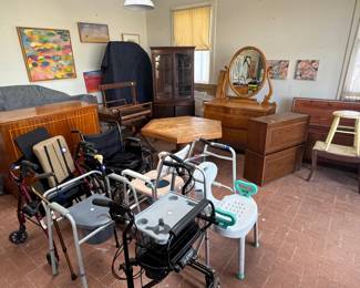 Glass Front Corner Cabinet, Dresser w/Mirror, Antique Stereo Cabinet, Antique Loom, Table, Medical Equipment