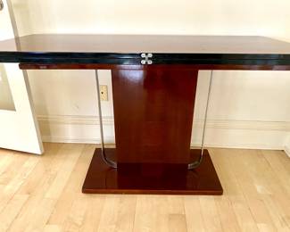 ART DECO MAHOGANY WOOD CONSOLE / DINING TABLE WITH SILVER TRIM, EXTENDS TO FULL SIZE DINING TABLE THAT WILL SEAT 8-10