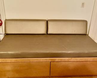 DAYBED WITH FULL STORAGE DRAWERS, AND SOFA BOLSTERS, TWIN MATTRESS. LEATHER LIKE ANTIQUE GOLD UPHOLSTERED COVERS