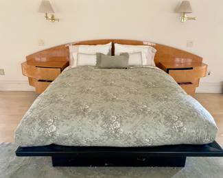 ITALIAN BURL WOOD FINISH PLATFORM BED FRAME WITH 2 ATTACHED NIGHT STANDS WITH DRAWERS, GREAT STORAGE SPACE FOR A CLEAN SLEEK BEDROOM