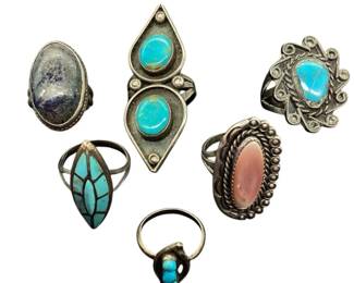 KIHE223 Six Turquoise, MOP Other Handcrafted Naitive Rings One ring is stamped BM, none appear to be stamped sterling. See photos for sizes.
