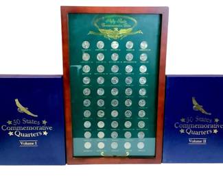 TN13Two 50 States Commemorative Quarters Collections Framed behind glass, set is complete. Volume 2, of the blue books, is missing 6 states.