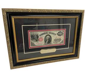 TN30 Framed 1917 Large $1 US Note Sawhorse Back Measures approximately 15"x11". Guilt frame & matted.