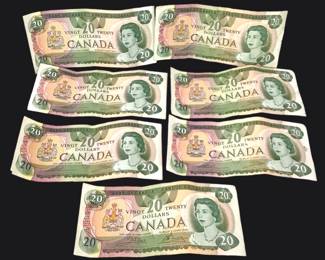 CT203 Seven Circulated $20 Canada Bank Notes
