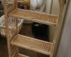 All contens of master bath, including wicker shelf, baskets, vintage metal shelf