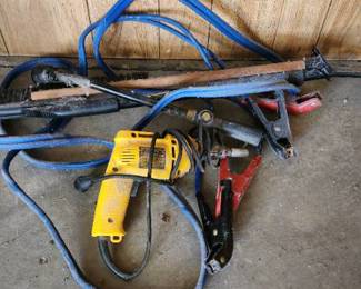 Dewalt electric drill, jumper cables, and water wand