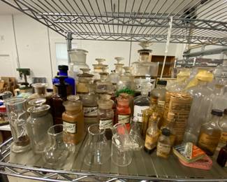 Glass label pharmacy bottles with glass stoppers, Shop bottles and show jars