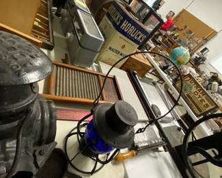 Antiques including a blue globe lantern 