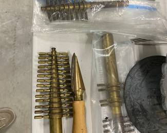 3  Brass cork Borer sets and a brass cork sharpening tool 