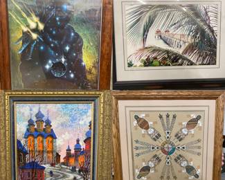 The 2nd is a photo is called Pastel Splendor signed by Jack Megela, 3rd a serigraph on linen w/ hand embellishment is Red Sunset by Anatole Krasnyansky the 4th is an Authentic Navajo Sandpainting