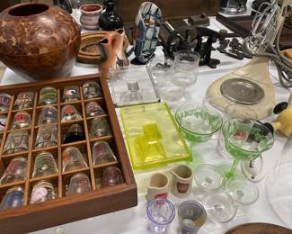 Glassware college shot glasses and General Electric vintage mixer