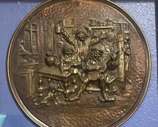 Embossed Copper Repousse Plaque - Tavern Scene
Mid-20th Century