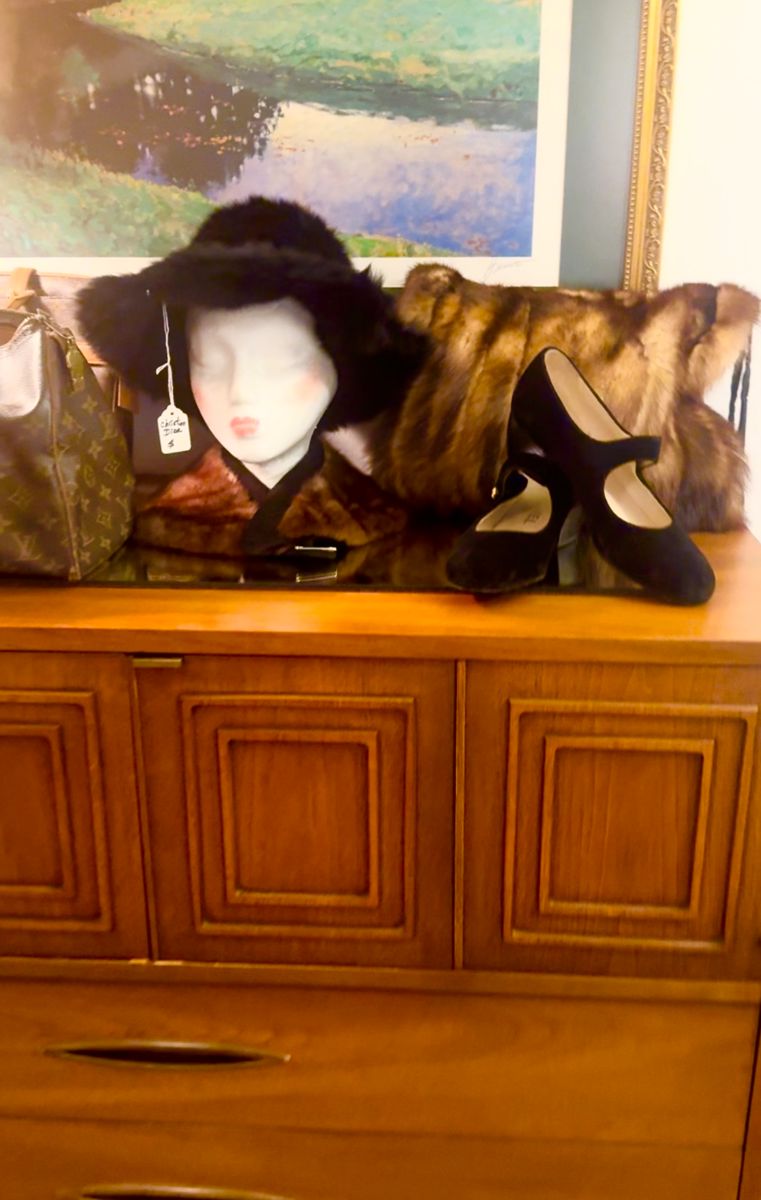 Vintage Dior mink hat , 1940s mink mugf Chanel shoes , 3 Louis Vuitton purses.