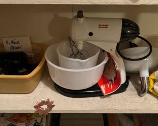 Milk Glass 1950s Sunbeam  mixer with juicer and cozy. Vintage appliances 