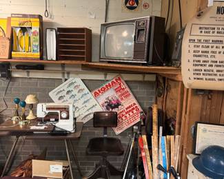 Vintage TVs MCM sewing table, old posters, old rulers, office chairs from the 40s , CD items