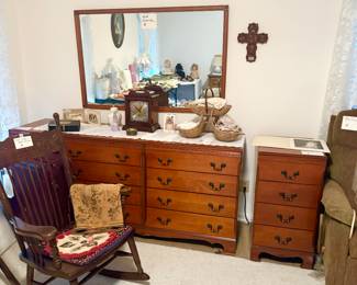 Mid Century Modern dresser and nightstands , antique rocker