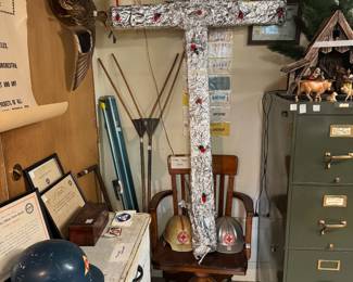 Vintage Civil Defense items , Red Cross helmets feom WW2 , wood and metal office chair from NLU 