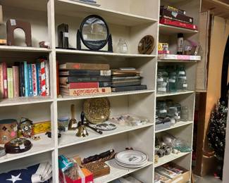 Vintage flags , old maps, vintage games, old handblown Mason and Atlas jars, 