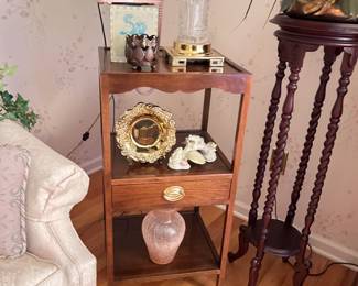 Scalloped trim side table, Hollywood Regency decor, vintage pink phone