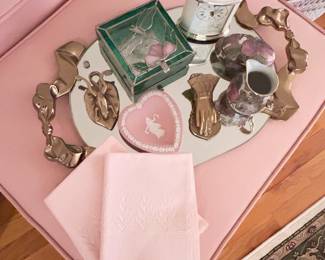 Mirrored vintage tray, pink and brass decor