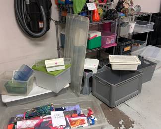 Plastic storage containers, coolers, kids outdoor toys, yard flags