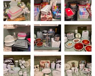 Kitchen plates, utensils, china sets, bowls, serving dishes, plastic containers, toaster over, new Cuisenart hand mixer, new coffee machine, and MORE!