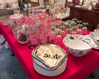 Christmas decor, glassware, serving plates