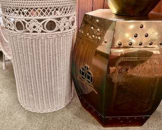 Wicker hamper, gold / brass side table