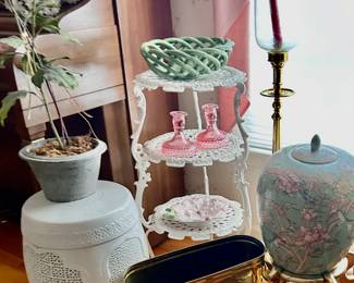 Ornate white wrought iron table, brass, ceramic
