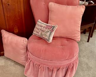 Vintage pink velvet scalloped chair and pillows