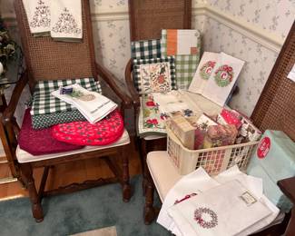 Christmas decor, glassware, serving plates, linens, embroidered hand towels