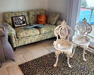 (2) Newer upholstered (Sunbrella fabric) Sofa settee, Old Dress form and 2 ornate outdoor garden chairs.