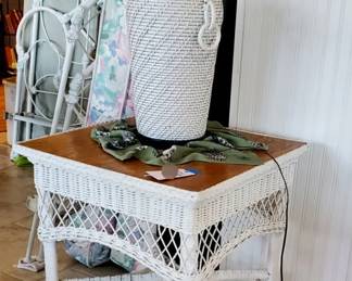 Antique Wicker Table with wood top and wicker lamp
