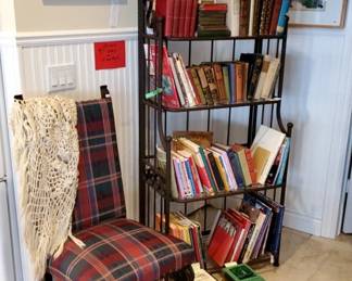 Lots of Antique books and reference books and Folding Bakers Rack, Side chair with Lion paw feet.