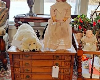 19thc Spool cabinet, Steiff polar bear and Victorian porcelain doll.
