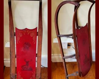 Early 1900's Childs wooden Sled stencil decorated with a Dog and Stag.